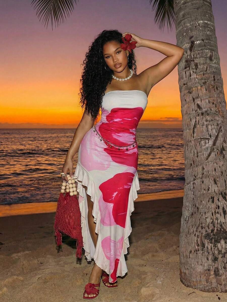 BamGleam Women's White And Pink Floral Printed Strapless Dress,Summer Casual Vacation Holiday Beach Outfits,Ruffle Hem Maxi Dress,Resort Caribbean Outfits - Red - View 1