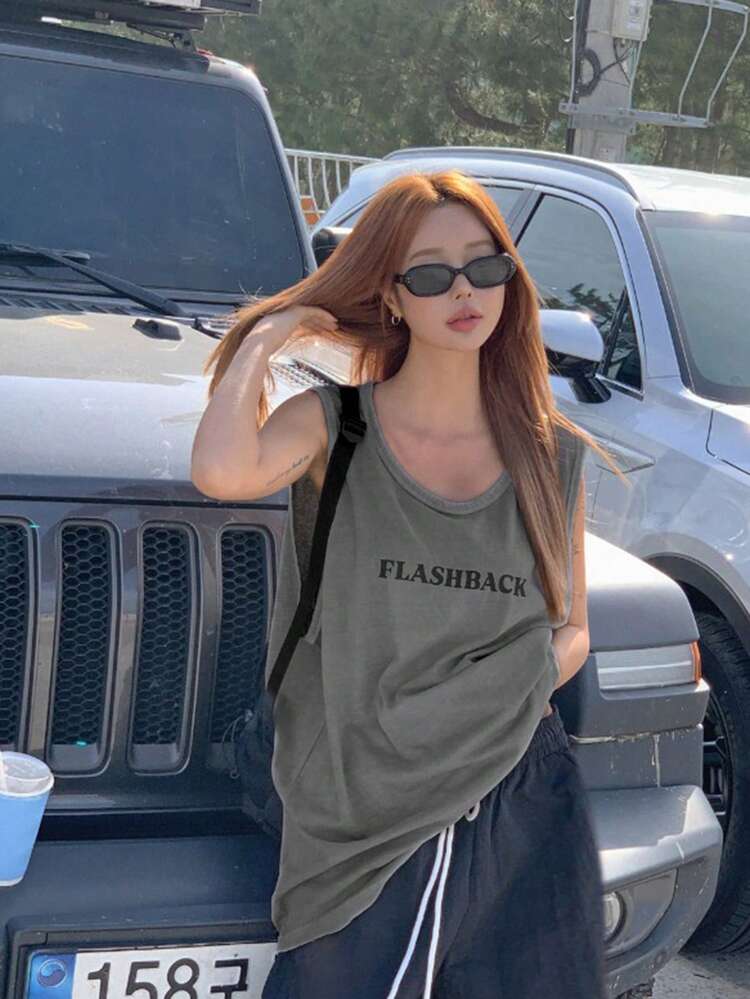 Women's Letter Print Round Neck Casual Loose Tank Top