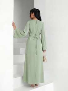 Veilorie Đầm nữ thanh lịch, kín đáo, thêu hoa, tay loe kiểu Ả Rập. - màu xanh lá - Xem 2