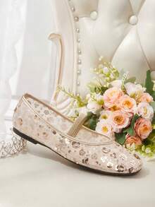 CUCCOO HITCHD Zapatos planos para mujer cómodos y suaves, con flor de bola de malla dorada y punta cuadrada, para uso diario - Oro rosa - Ver 6