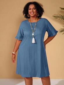 BrightlyHer Plus Size Dusty Blue Summer Boho Vacation Holiday Dress,Solid Round Neck Ruffle Hem Short Sleeve Casual Loose Spring Beach Outfits Country Style - Dusty Blue - View 7