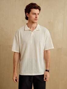 Manfinity Homme 男士夏季纯色短袖休闲通勤 Polo 衫，四分之一纽扣纯色工作 Polo 衫，适合丈夫、高尔夫 - 杏色 - 查看 3