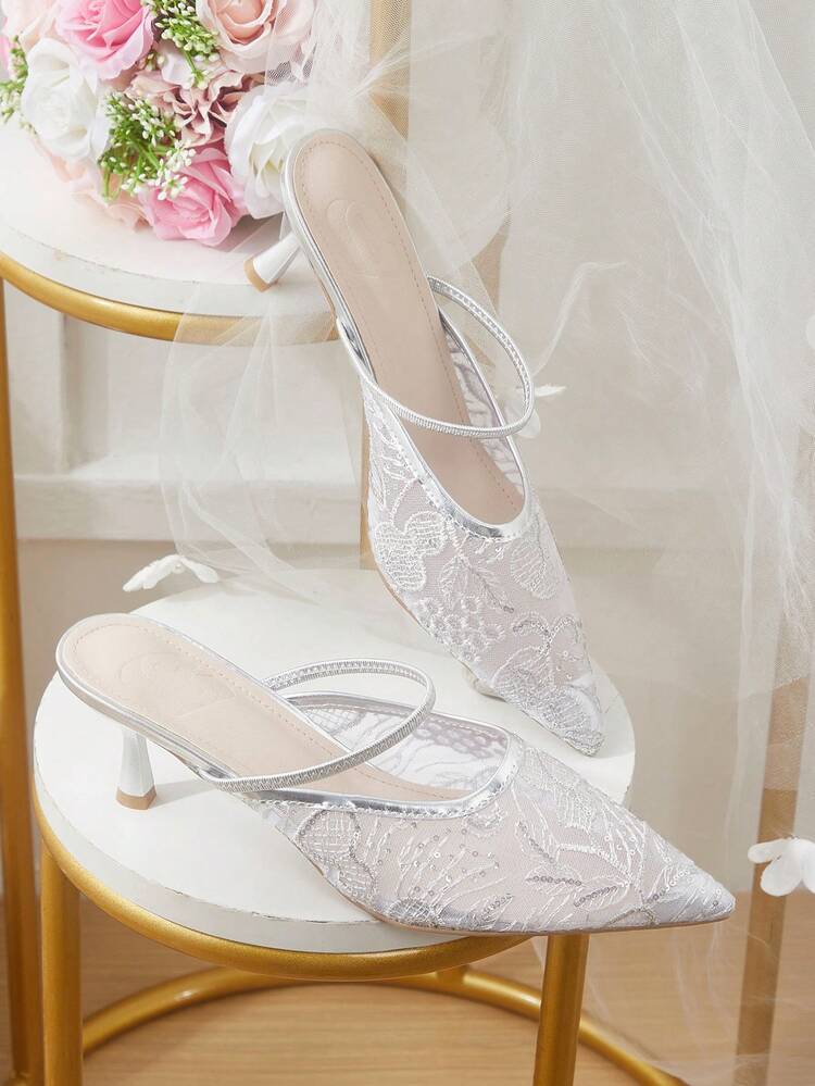 CUCCOO HITCHD Women's High-Heeled Shoes, Silver Glossy Stitching Mesh Lace Glitter, Embroidered Pointed Stiletto, Elastic Strap, Elegant Style, Wedding Toast Dress, Banquet Versatile Women's Shoes