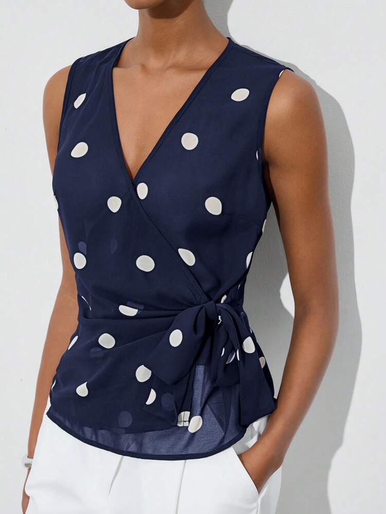 SHEIN Maija Women's Contrast Polka Dot Print V-Neck Sleeveless Top,Summer Top