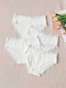 SHEIN 4 cái/gói quần lót bé gái đi học tuổi teen dễ thương mùa hè, viền ren, trang trí nơ, cạp chun, phối màu đa sắc, vải polyester thoáng khí cho bé trai - Nhiều màu - Xem 7