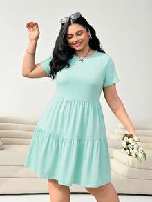 Solflare Plus Size Women Solid Color Round Neck Ruched Waist Elegant Party Dress - Mint Green - View 6