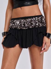 ROMWE Summer Y2K Rave Music Festival Outfit, Patchwork Sequin Asymmetrical Hem Mini Skirt - Black - View 7