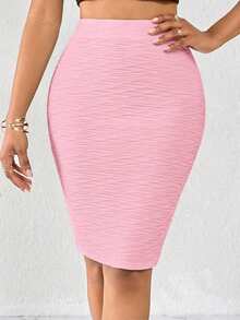SHEIN Lady Women Pink Textured Bodycon Midi Skirt - Pink - View 7