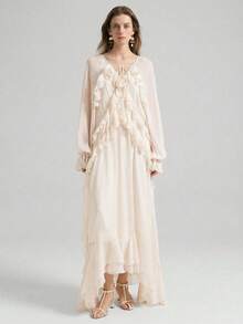 Ontre Bộ trang phục giáo viên nữ phong cách Stockholm Xuân Hè 2026, đầm chiffon màu mơ dáng bohemian vạt trước ngắn vạt sau dài, viền bèo nhún, kiểu dáng thướt tha và thanh lịch, thích hợp cho kỳ nghỉ/đi biển/lễ hội âm nhạc. - Màu be - Xem 4