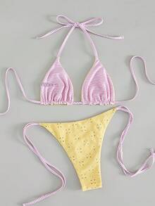 Swim Mod Đồ bơi liền thân thời trang dành cho nữ, bikini dệt kim jacquard mới với họa tiết sọc, đồ bơi 2 mảnh cho bãi biển, đảo, tiệc bể bơi, phong cách cô gái ngọt ngào, màu vàng nhạt tươi mát mùa xuân và hè, bikini hoa vàng dễ thương cho kỳ nghỉ biển của nữ, mùa hè bội thu vui vẻ. - Nhiều màu - Xem 2