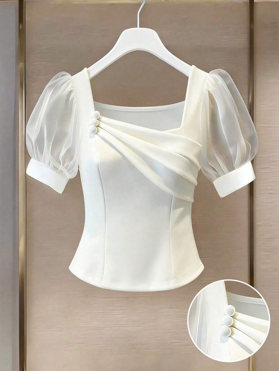 Selianne Women's Elegant White Mesh Patchwork Square Neck Short Sleeve Blouse, Summer Casual Vacation Suitable For Tea Party, Date, Dinner - White - View 1