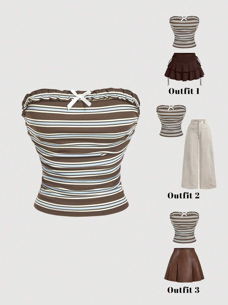 SHEIN MOD Áo quây kẻ sọc trang trí nơ dành cho nữ - Màu Khaki - Xem 1