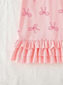 1pc Girls Ruffled Hem Butterfly Print Polo Collar Puff Sleeve Casual Beach Dress, Sweet & Fashionable - Pink - View 8