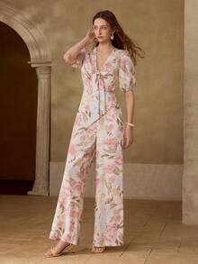 PREMIUM WOMEN'S LINEN PRINTED JUMPSUIT, SPRING/SUMMER - Pink - View 8