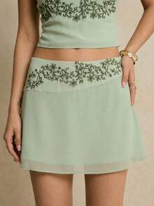 Poéselle 女士刺绣花卉A字裙 - 薄荷綠 - 查看 1