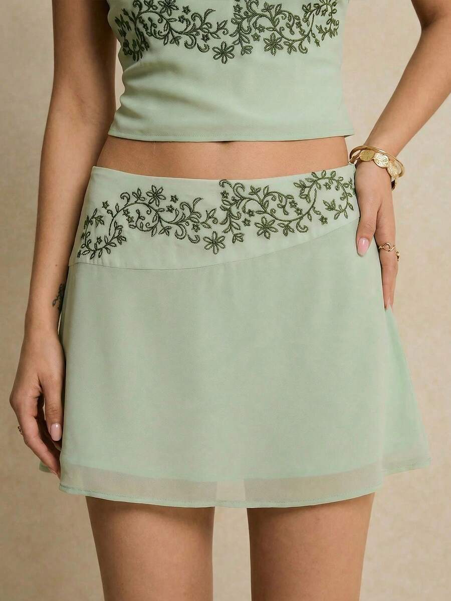 Poéselle 女士刺绣花卉A字裙 - 薄荷綠 - 查看 1