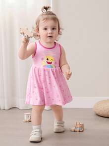 BABY SHARK X SHEIN Đầm không tay cổ tròn in hình cá mập hoạt hình cho bé gái, dễ thương. - Hồng - Xem 5