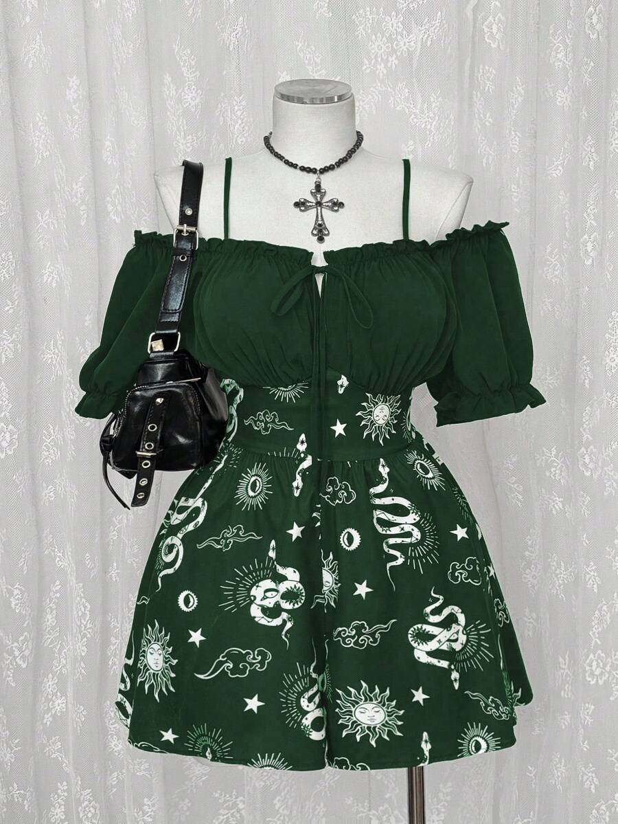 Sunspun Plus Size Women's Contrast Color Off Shoulder Dress, Dark Style - Army Green - View 1