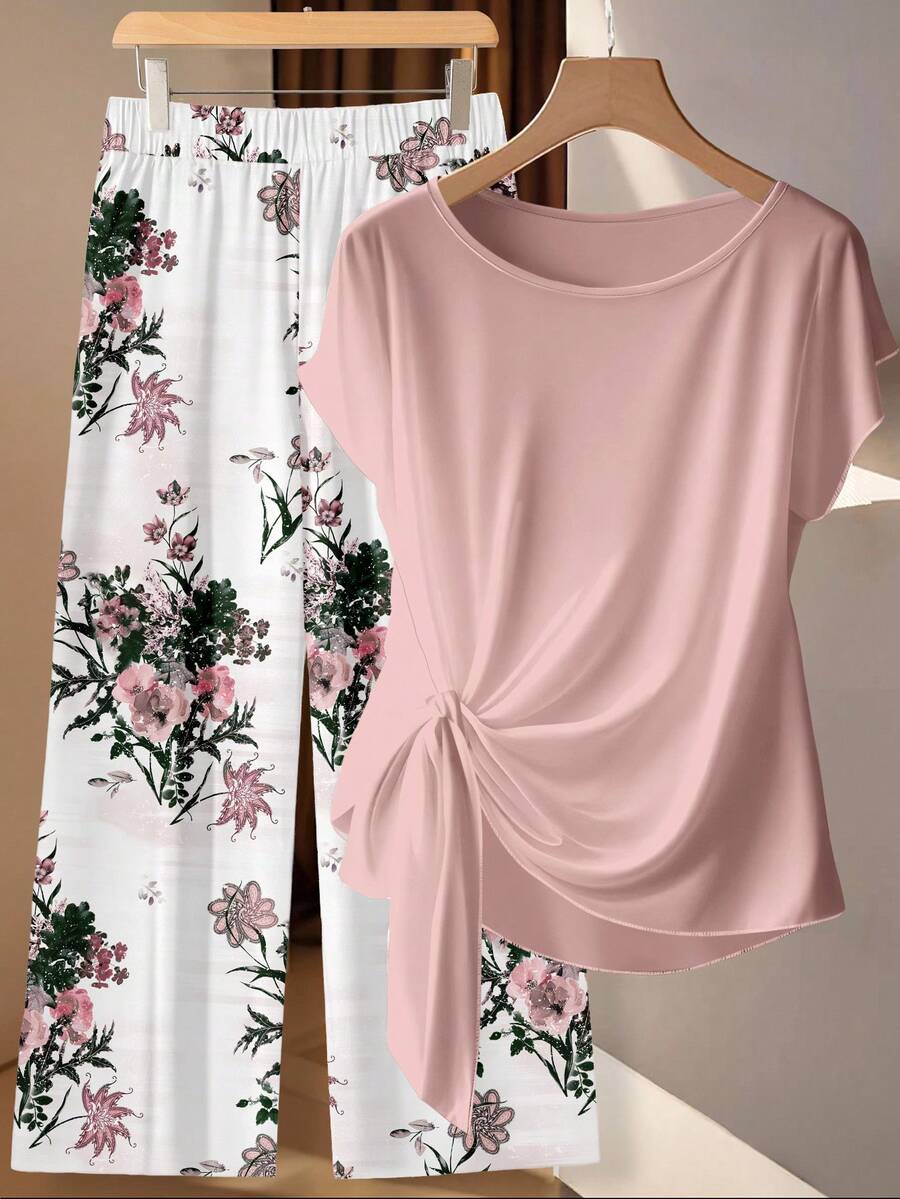 Plus Size Women's Casual Vacation Style Solid Color Batwing Short Sleeve Tie Front Top And Floral Print Wide Leg Pants 2 Piece Set, Spring/Summer - Multicolor - View 1