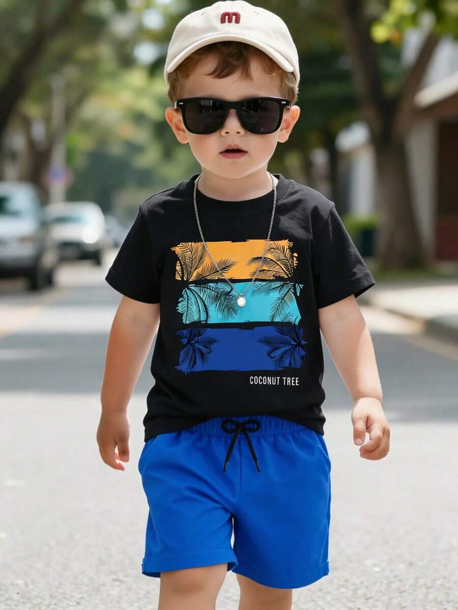 SHEIN Streecool Kids 男童夏季印花短袖T恤和短裤两件套 - 寶藍色 - 查看 1