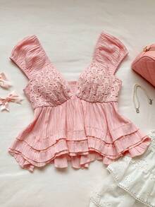 Comfortcana 女士优雅蕾丝拼接深V领衬衫，夏季 - 淺粉色 - 查看 3