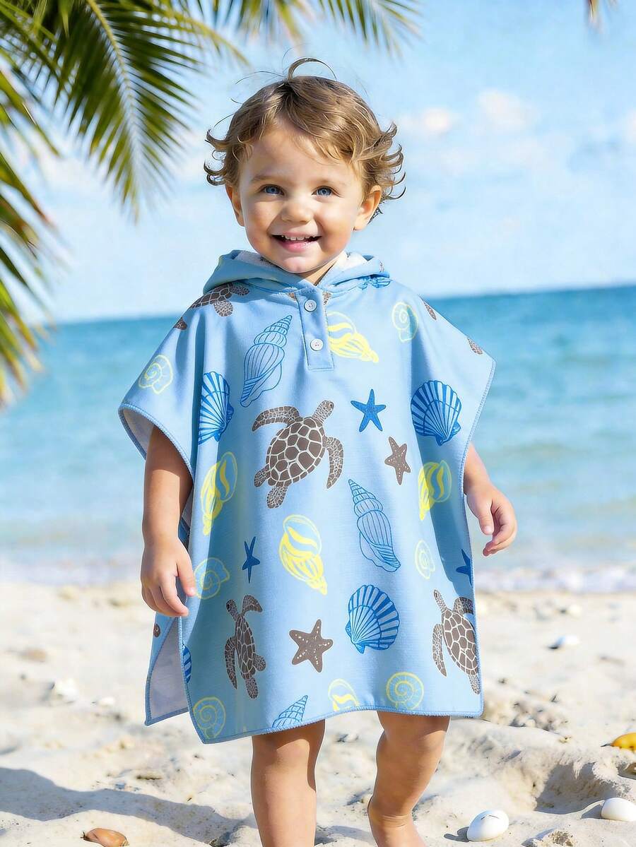 男婴定制连帽泳衣罩衫,婴幼儿尺码齐全,V领连帽斗篷,可作浴巾穿着,沙滩罩衫,沐浴游泳必备 - 藍色 - 查看 1