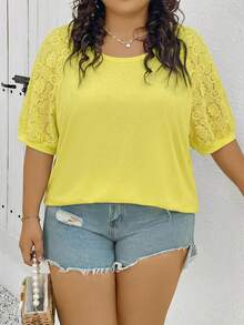 SHEIN CURVE+ Plus Size Women Top With Different Material Splicing,White T-Shirt - Pale Yellow - View 4