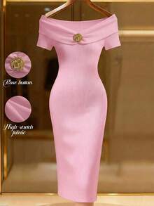 Franclia Women's Fashionable Elegant Solid Color Rose Button Off Shoulder Ribbed Dress - Pink - View 3