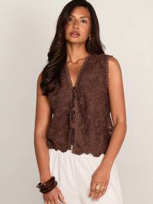 COSMINA Women's Fashion Lace Floral Ruffle Hem Drawstring Tie Strap Camisole Tank Top, Summer - Brown - View 4