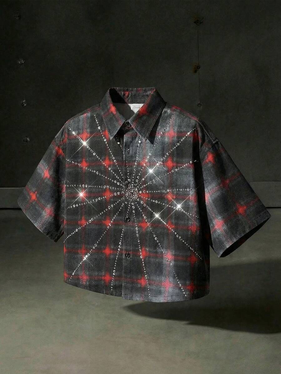 Men's Rhinestone Print Denim Shirt - Red and Black - View 1