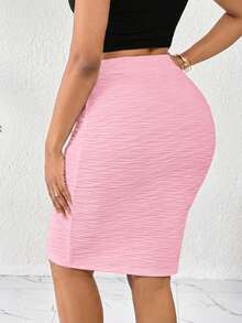SHEIN Lady Women Pink Textured Bodycon Midi Skirt - Pink - View 2