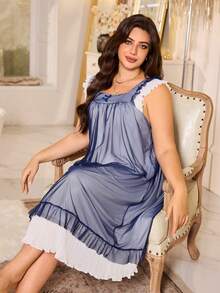 MuseNap CURVE Plus Size Sweet Mesh Patchwork Pleated Fabric Bow Nightgown - Navy Blue - View 6