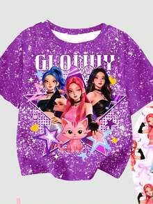 SHEIN 2件套卡通女孩多巴胺渐变紫色蝴蝶结K-Pop巨星休闲卡通图案圆领短袖T恤和喇叭裤夏季套装 - 彩色 - 查看 4