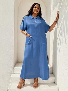 EMERY ROSE Damen Große Größen Kurzarm Knopf Halb Patte Doppeltasche lässig Kleid Sommerkleid Sommeroutfit für Damen Frühlingsbekleidung Frühlingsoutfit Strandoutfit für Damen Urlaubsoutfit Damen Sommerferien Outfit Landstil für Damen Festival Outfit für Damen lässig Kleider für Damen Landkleid Muttertags Outfit Zanzea Kleid für Damen Damenkleider - Blau - Übersicht 5