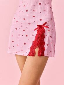 Bonmuse Camisón de mujer con estampado de corazón y lazo de jacquard tejido, con parches de encaje y abertura alta - Rosa - Ver 7