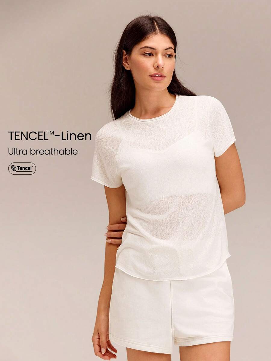 GLOWMODE TENCEL™-Linen 轻薄常规版型及腰不对称薄纱亚麻双层滚边圆领T恤，适合度假、夏季旅行、海滩日常休闲穿着 - 白色 - 查看 1