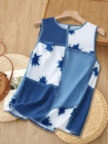 EMERY ROSE 女士拼接牛仔印花圆领休闲背心 - 藍色 - 查看 4