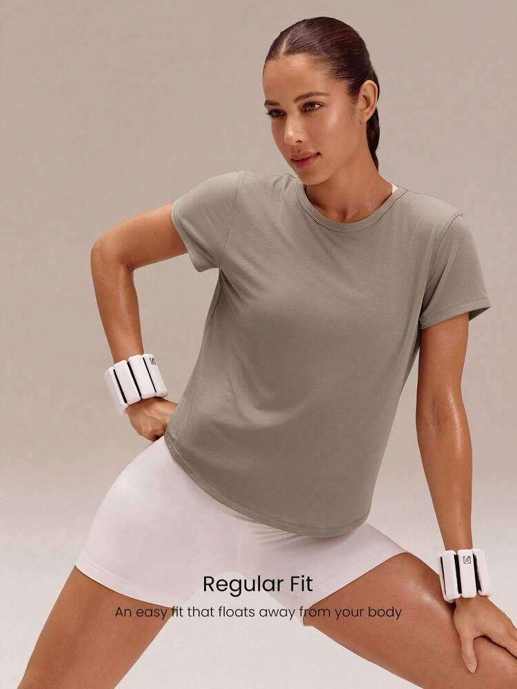 Sunny Skies Regular Fit Waist Length Sun-Protective Vertical Seam Open Back Crewneck Tee Training Running Jogging Workout Gym Fitness Active Wear