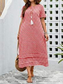 EMERY ROSE Plus Size Plaid Minimalist Daily Wear Round Neck Short Sleeve Dress - Red - View 5