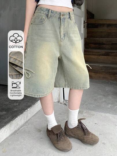 FRIFUL Quần short denim nữ kiểu dáng thường ngày, có túi và cúc cài.