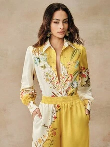 Anewsta New Arrival Spring Women's Romantic Floral Print Shirt And Pants 2-Piece Set - Yellow - View 6
