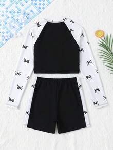 SHEIN Bộ đồ bơi cho bé gái tuổi teen, gồm áo tay raglan in hình cây nhiệt đới và quần short. - Đen và trắng - Xem 2