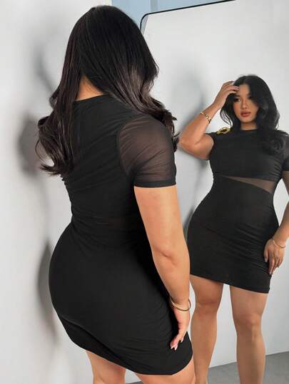 Firerie Vestido ajustado de moda con parches de malla y decoración metálica en el hombro para mujer de talla grande de unicolor