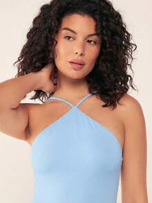 SHEIN BASICS 女士纯色吊带休闲百搭连体衣，适合日常穿着 - 藍色 - 查看 8