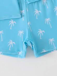 SHEIN 2pcs/Set Young Boys Swimwear,Cute Navy Blue Coconut Tree Print Long Sleeve T-Shirt+Trunks,Rash Guard For Summer Holiday Beach Vacation Surfing Outfit - Royal Blue - View 4