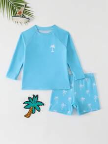 SHEIN 2pcs/Set Young Boys Swimwear,Cute Navy Blue Coconut Tree Print Long Sleeve T-Shirt+Trunks,Rash Guard For Summer Holiday Beach Vacation Surfing Outfit - Royal Blue - View 6