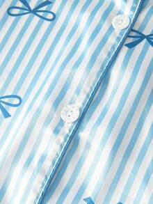 Bonmuse [Elegant Fields]2pcs Satin Striped Bow Print Short Sleeve Collar Top And Bow Shorts Women Pajama Set, Spring/Summerfor Summer - Blue - View 9