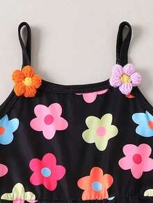 少女碎花荷叶边休闲日常连体衣 - 黑色 - 查看 5