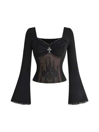 Gothic Cross Pendant Romantic Lace Splice Castle Flocked Flare Sleeve Bodysuit For Women