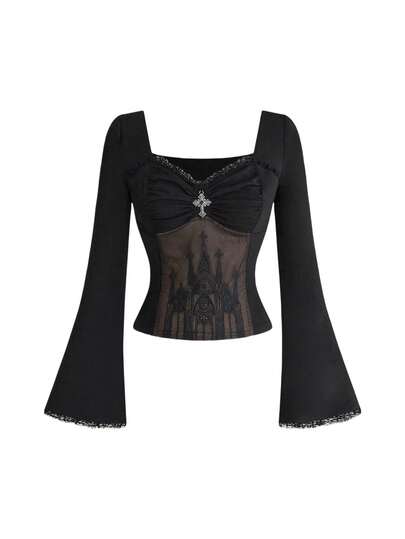 Gothic Cross Pendant Romantic Lace Splice Castle Flocked Flare Sleeve Bodysuit For Women